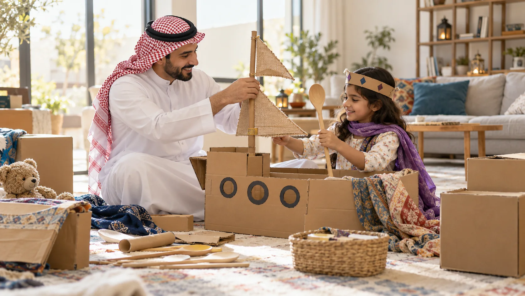أب عربي وطفلته يصنعان ألعابًا تخيلية من الصناديق والأوشحة والملاعق