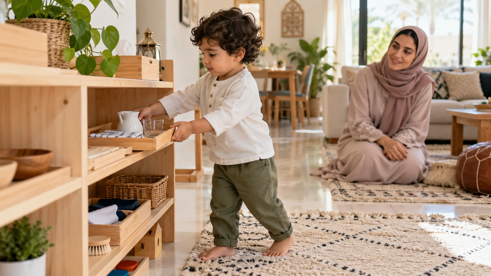 طفل عربي يختار نشاطًا عمليًا من رف منخفض في ركن منتسوري منزلي