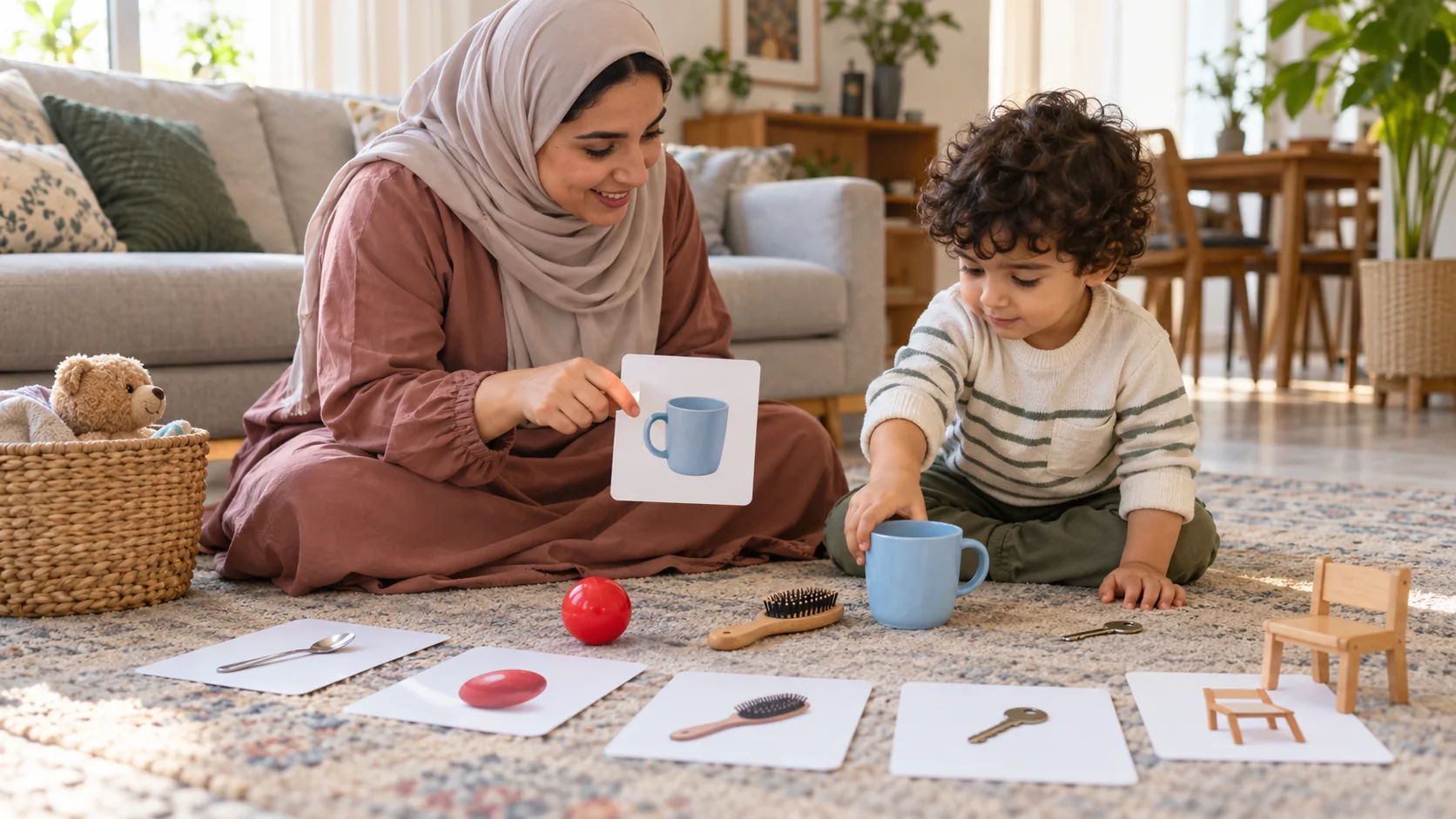 أم عربية تسمي أشياء مألوفة بينما يطابقها طفلها مع صورها