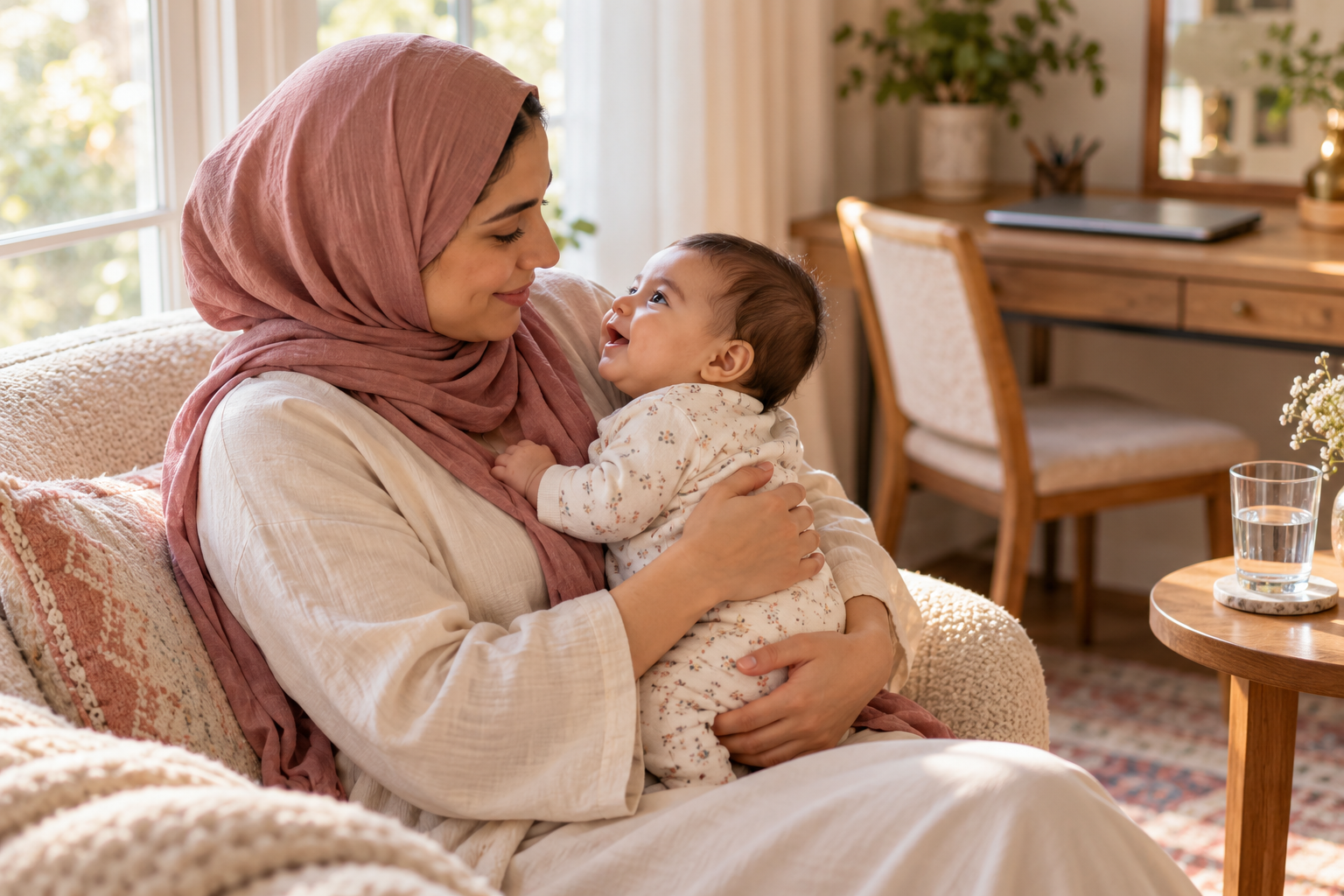 أم عربية تأخذ استراحة من العمل وتحمل رضيعها بمحبة قرب مكتب منزلي