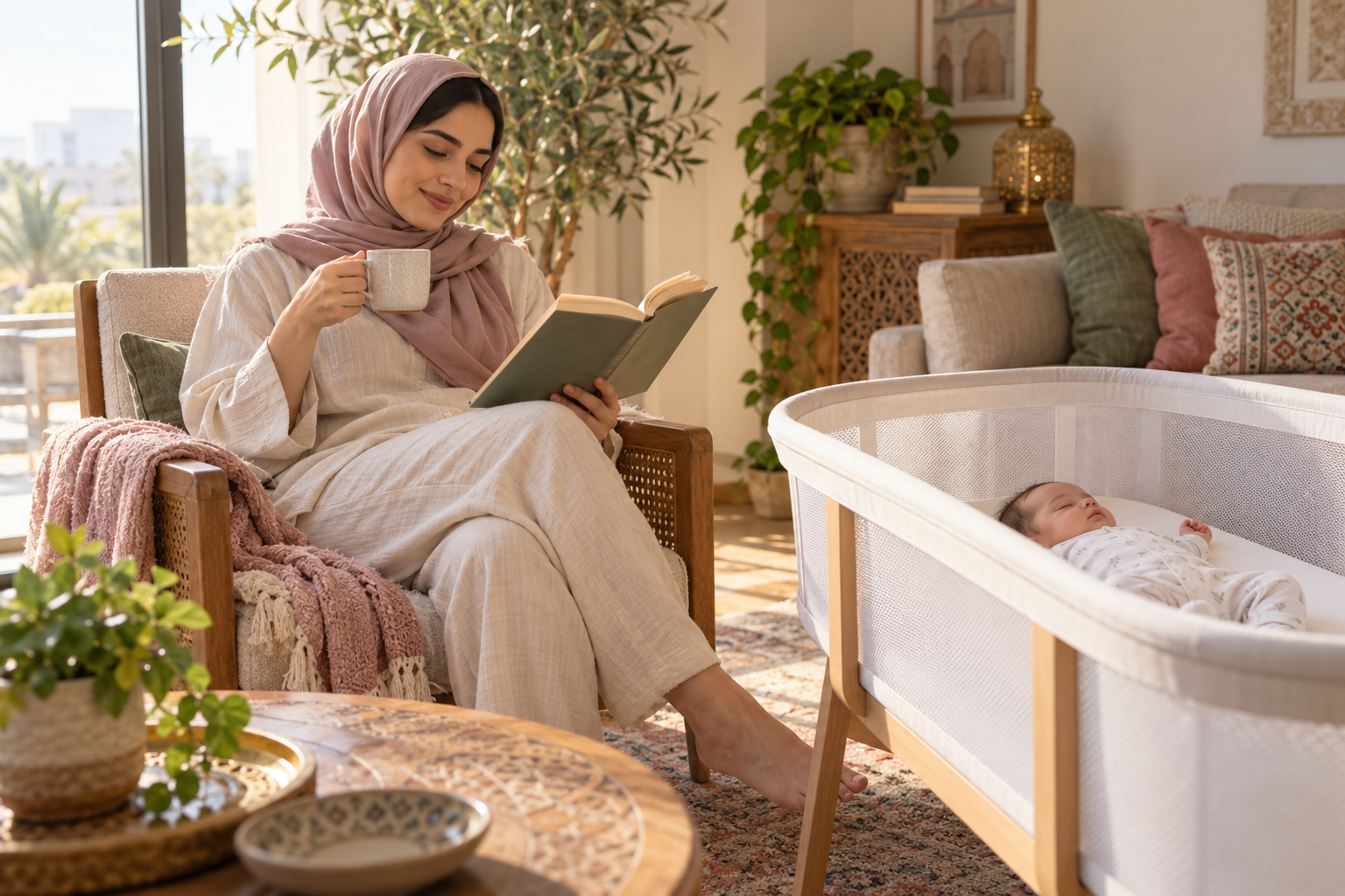 أم عربية تقرأ بهدوء قرب رضيعها النائم بأمان في سرير منفصل