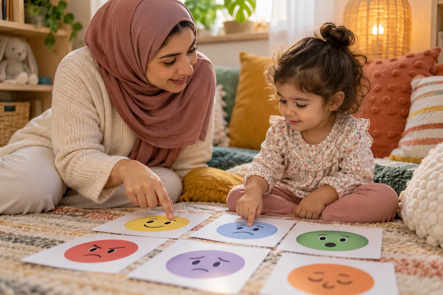 أم عربية تساعد طفلتها على اختيار بطاقة تعبّر عن شعورها