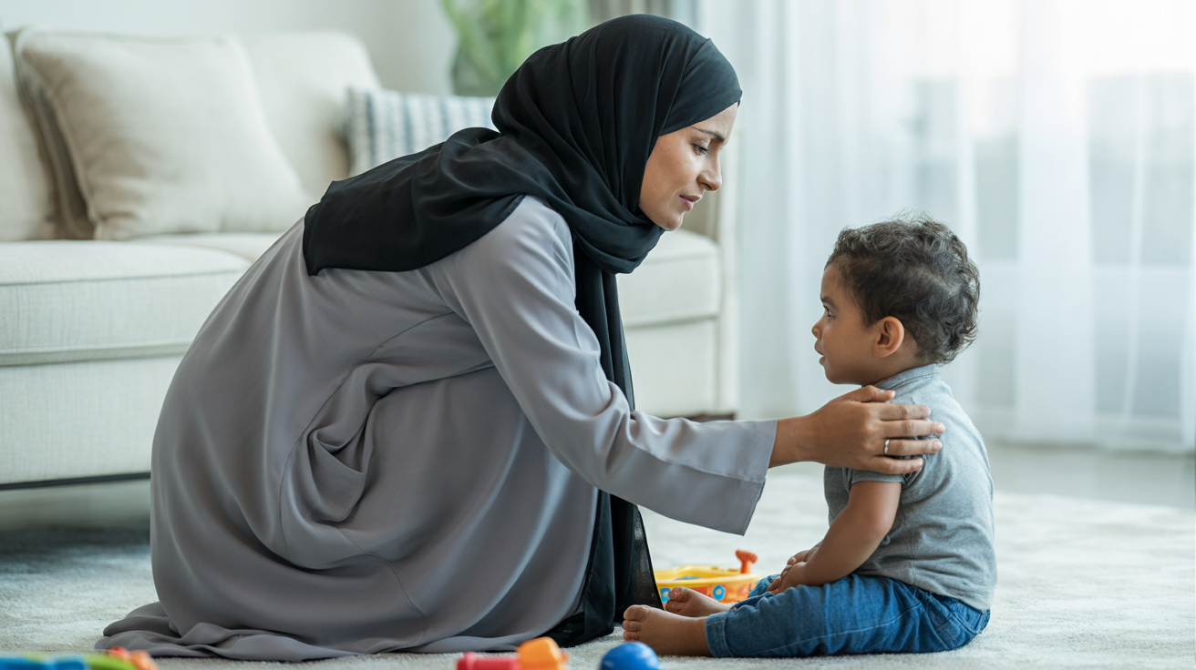 نوبات الغضب عند طفل سنتين نوبات الغضب عند طفل سنتين: أم هادئة تجلس بجوار طفلها الباكي وتضع يدها على ظهره بلطف