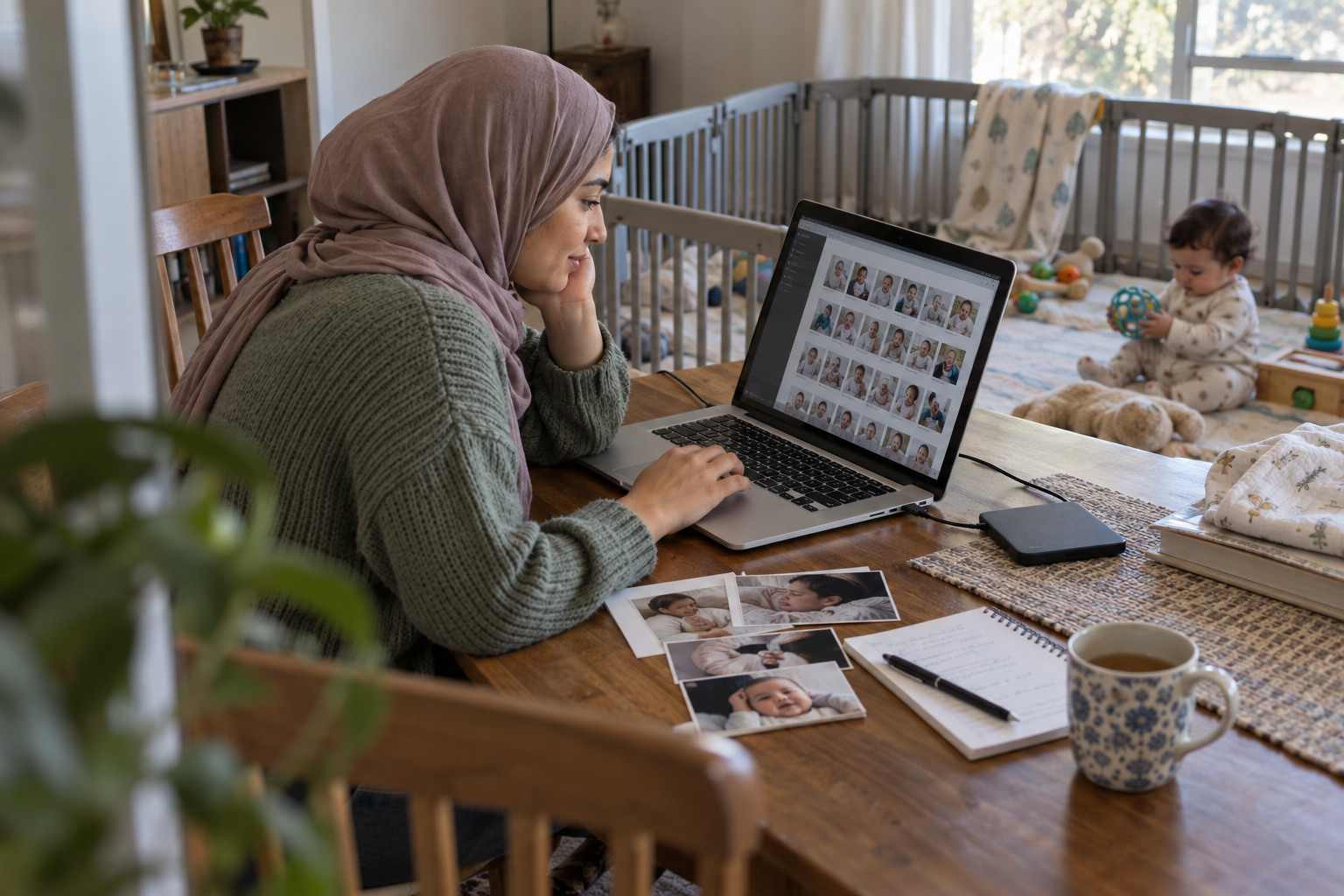 أم عربية تنظم صور رضيعها على الحاسوب في منزل واقعي بينما يلعب الطفل بأمان قربها