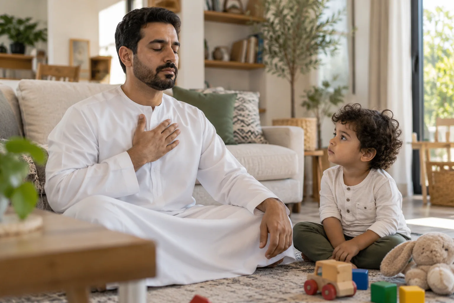 أب عربي يأخذ نفسًا بطيئًا أمام طفله قبل الاستجابة