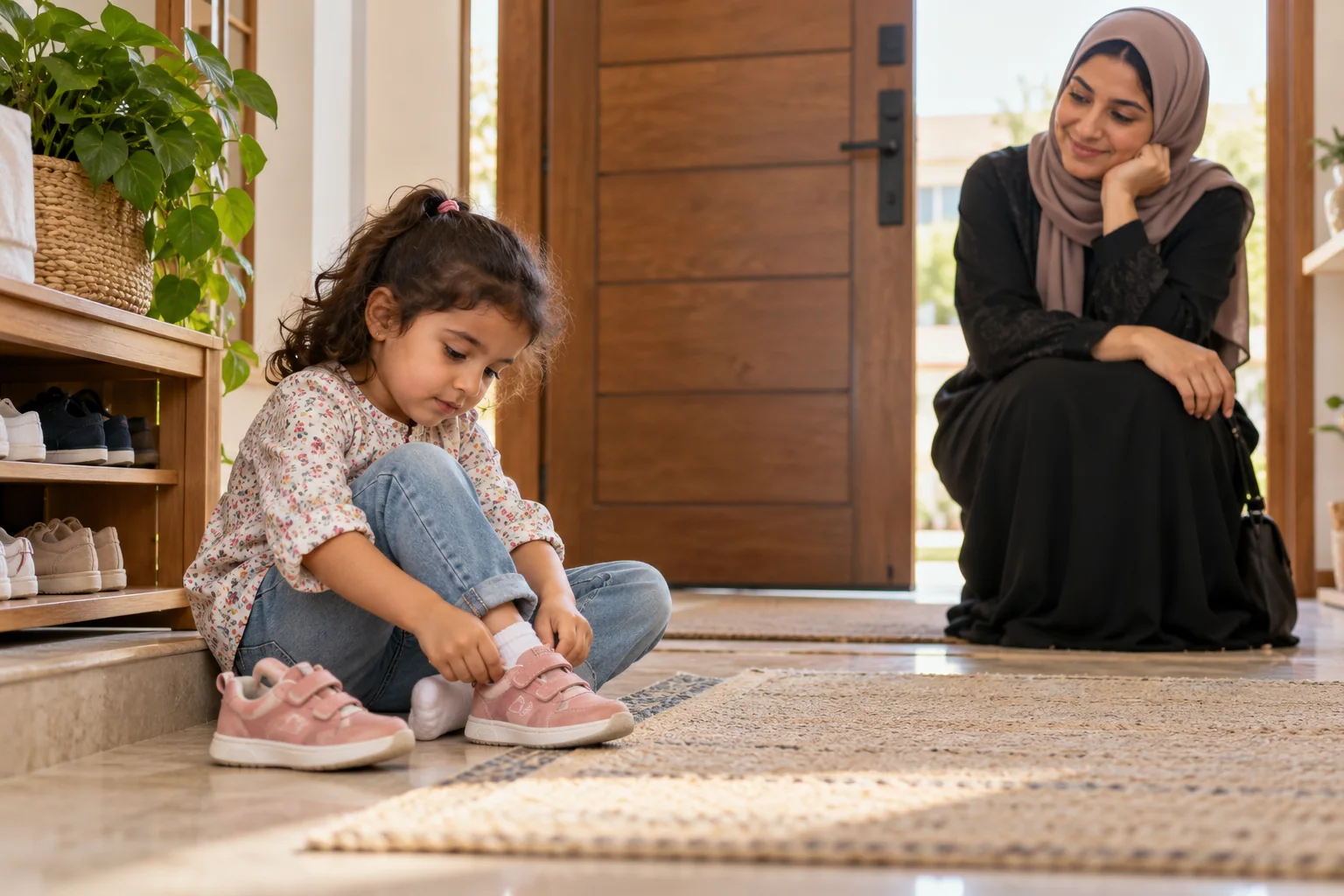 طفلة عربية تحاول ارتداء حذائها بينما تنتظر أمها بصبر