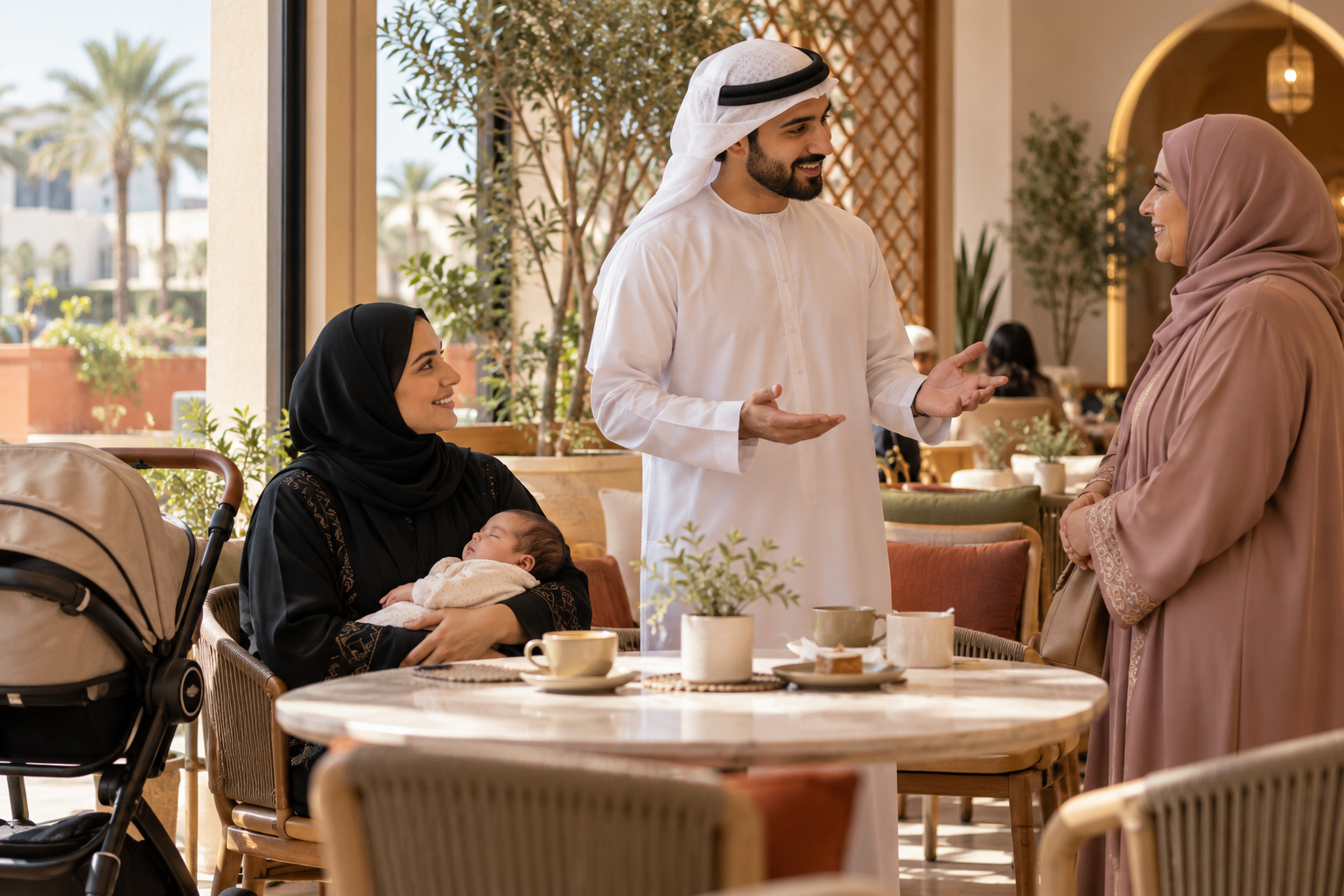 أب وأم خليجيان يتعاونان بهدوء لحماية مساحة رضيعهما في مقهى