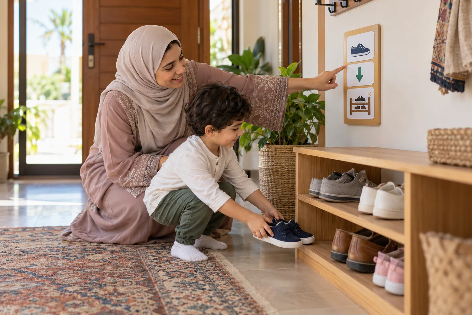 أم عربية تساعد طفلها على ترتيب حذائه عند مدخل المنزل قرب بطاقة مصورة