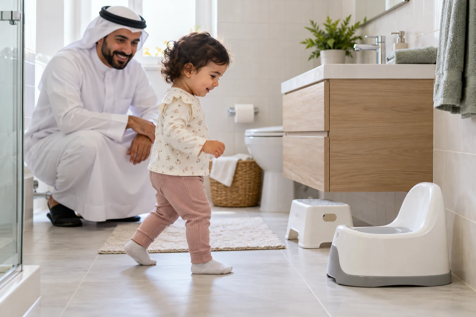 أب عربي يراقب طفله وهو يتجه نحو كرسي التدريب في الحمام