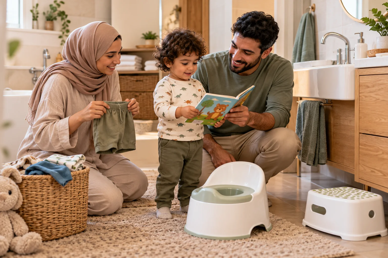أب وأم عربيان يجهزان مع طفلهما كرسي التدريب والملابس والكتاب المصور