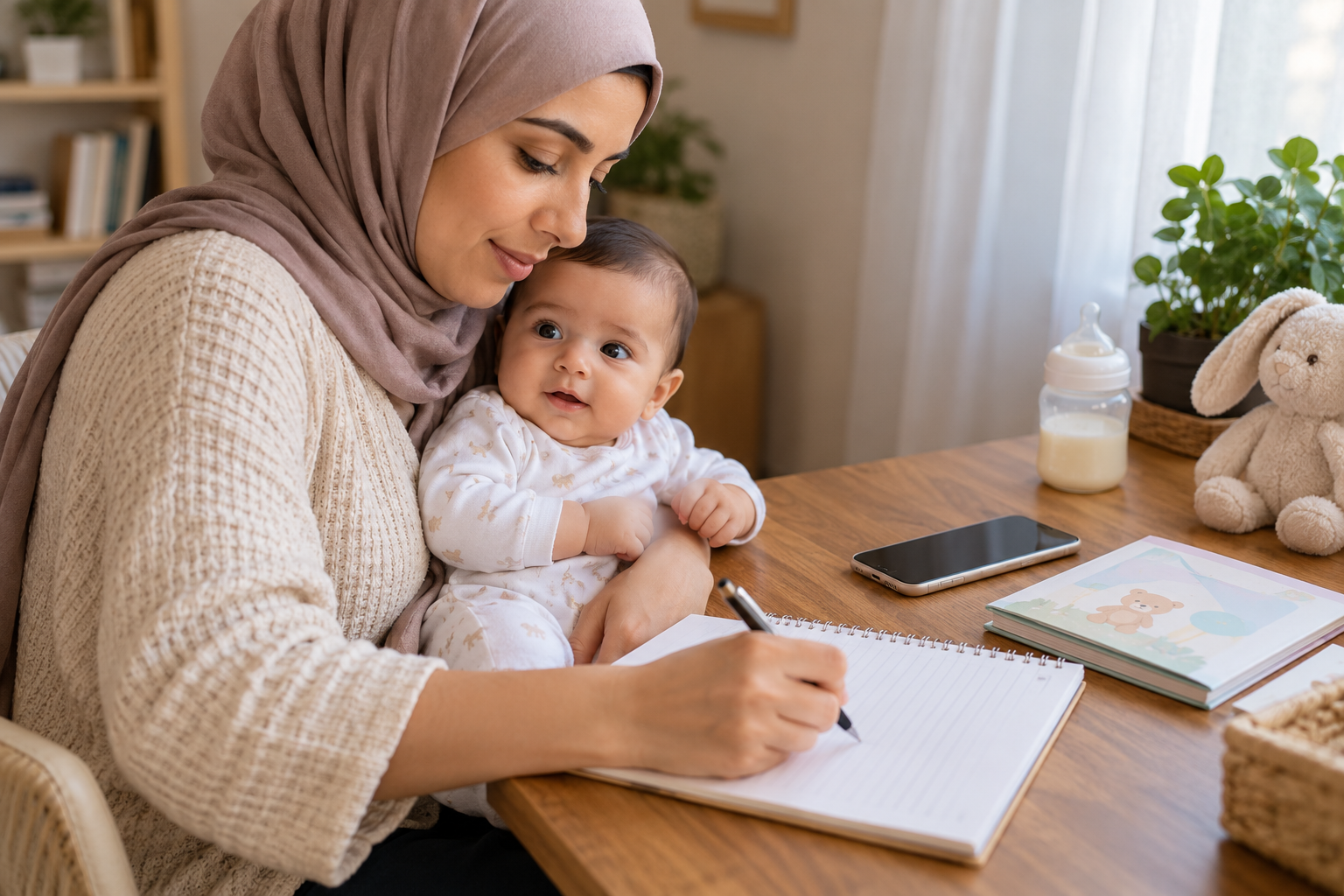 أم تكتب أسئلتها لطبيب الأطفال وهي تحمل رضيعها وتراقب حالته