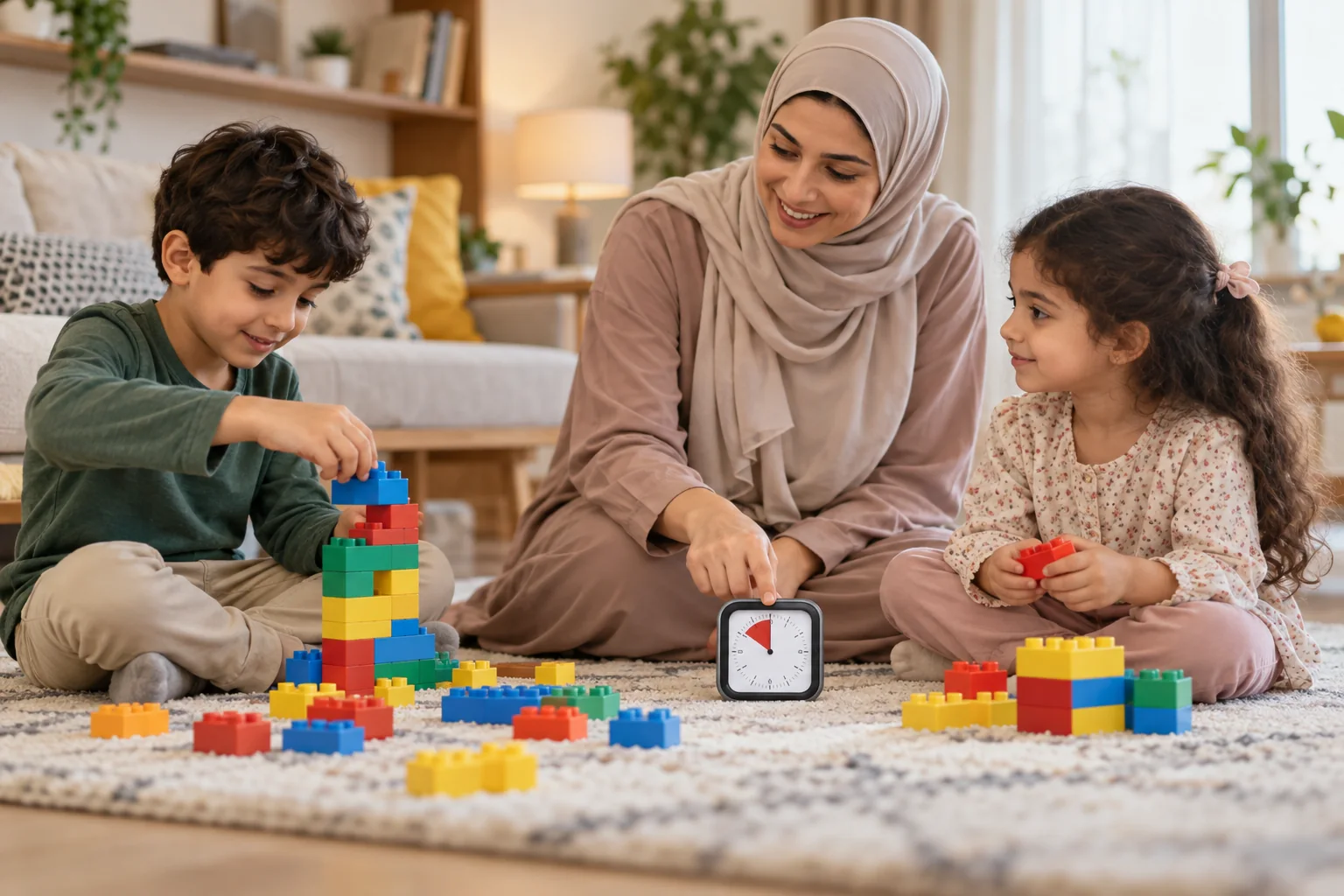 أم عربية تساعد طفلين على تبادل الأدوار في اللعب بالمكعبات باستخدام مؤقت