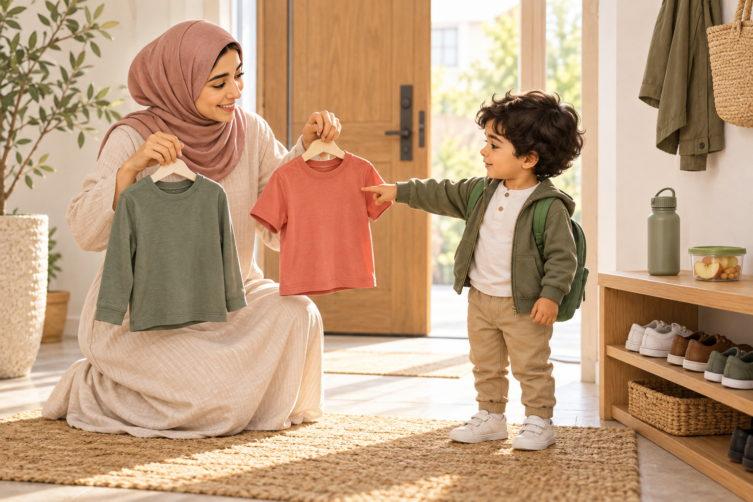 أم عربية تمنح طفلها خيارًا بين قميصين ضمن روتين الخروج من المنزل
