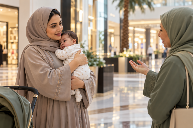أم خليجية تحمل رضيعها وتحافظ على مساحته الشخصية في مركز تجاري