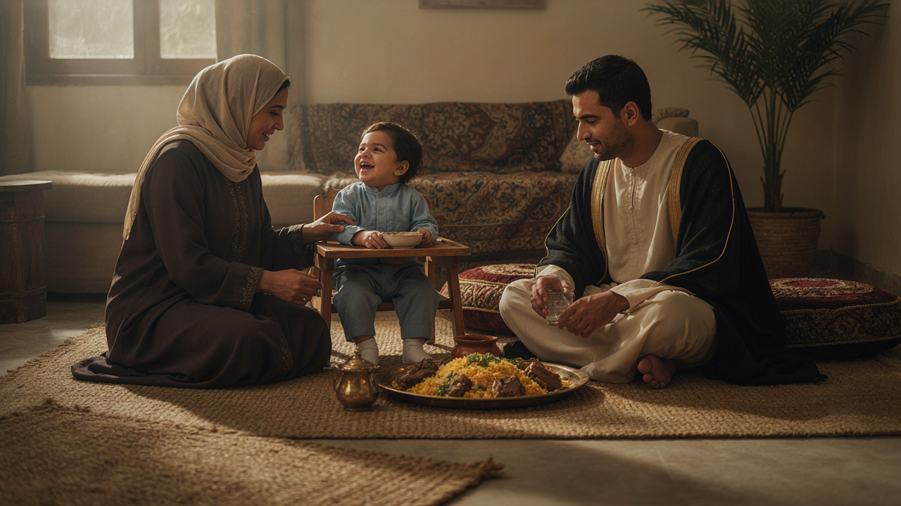 روتين الطفل اليومي - الحديث مع الطفل على السفرة أسرة سعودية على السفرة تتحدث مع طفلها الصغير أثناء الطعام