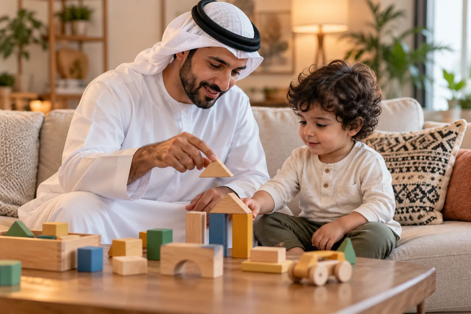 أب عربي وطفله يبنيان بالمكعبات بهدوء بعد انتهاء لحظة الغضب