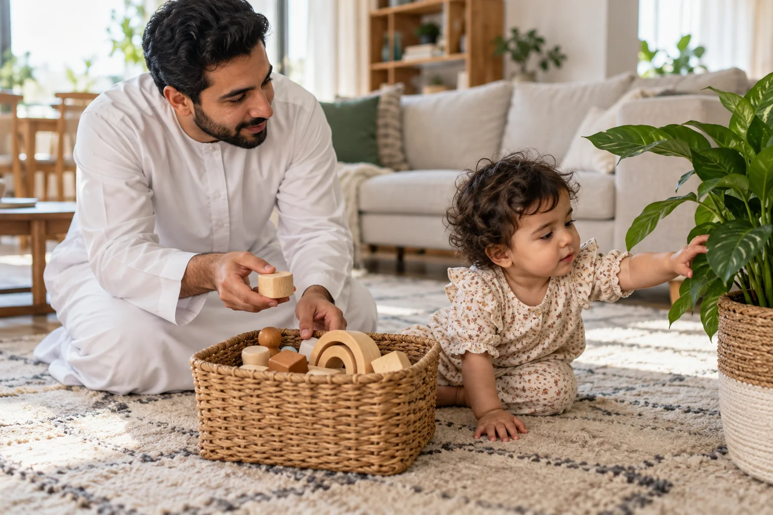 أب عربي يقدم ألعابًا خشبية لطفلته بدل لمس نبتة المنزل