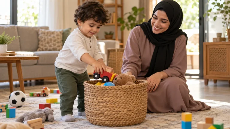 طفل عربي في عمر سنتين يجمع ألعابه في سلة منخفضة بمساندة أمه