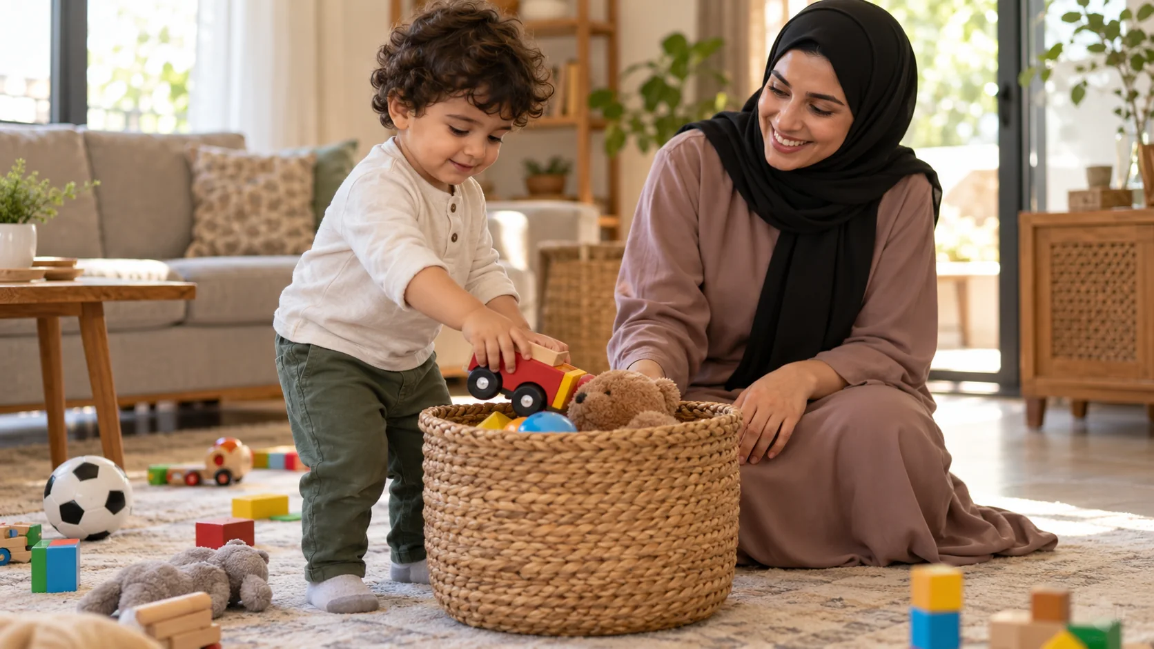 طفل عربي في عمر سنتين يجمع ألعابه في سلة منخفضة بمساندة أمه