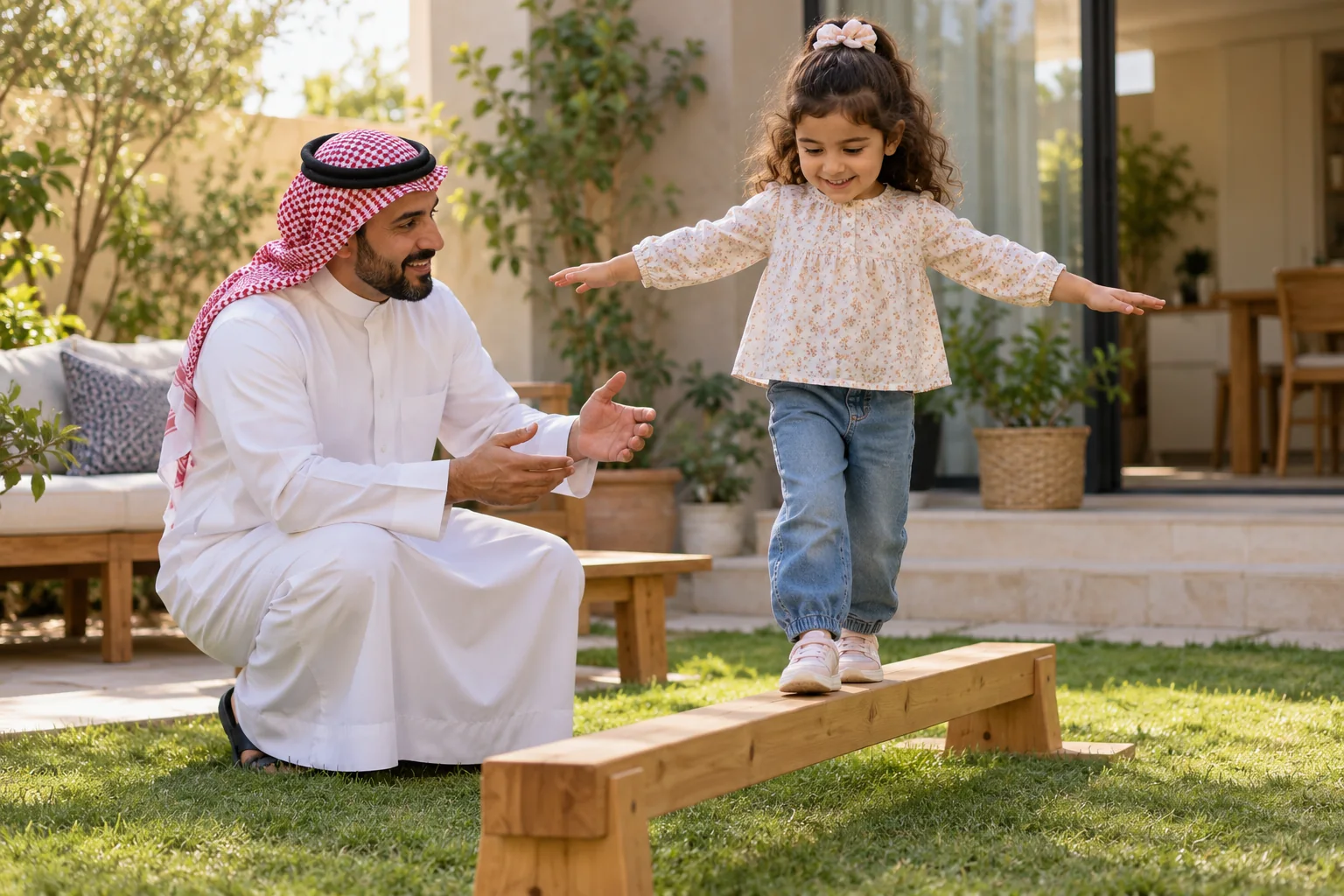 أب عربي يراقب طفلته على عارضة توازن منخفضة وآمنة