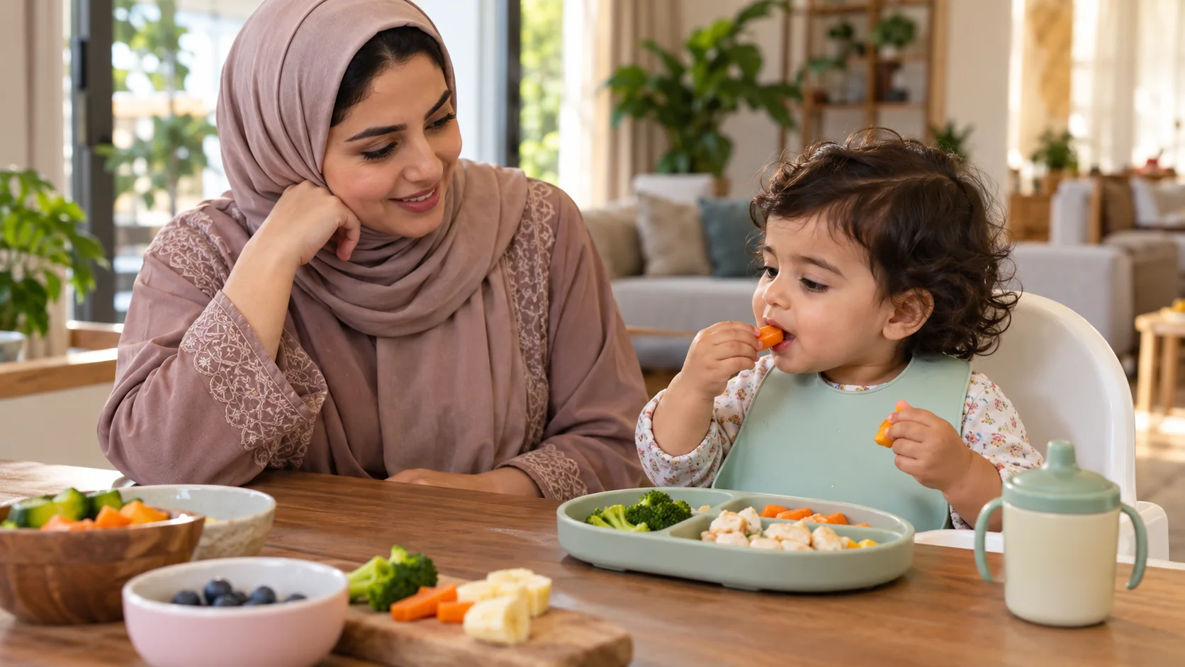 أم عربية تراقب طفلها الجالس باستقامة وهو يأكل قطعًا لينة مناسبة لعمره