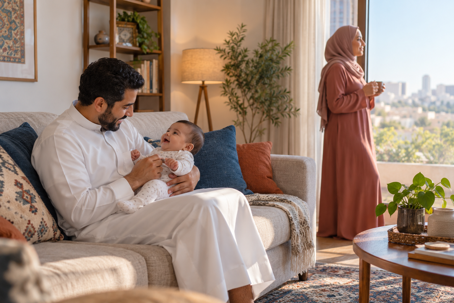 أب عربي يعتني برضيعه بينما تستمتع الأم باستراحة هادئة قرب النافذة