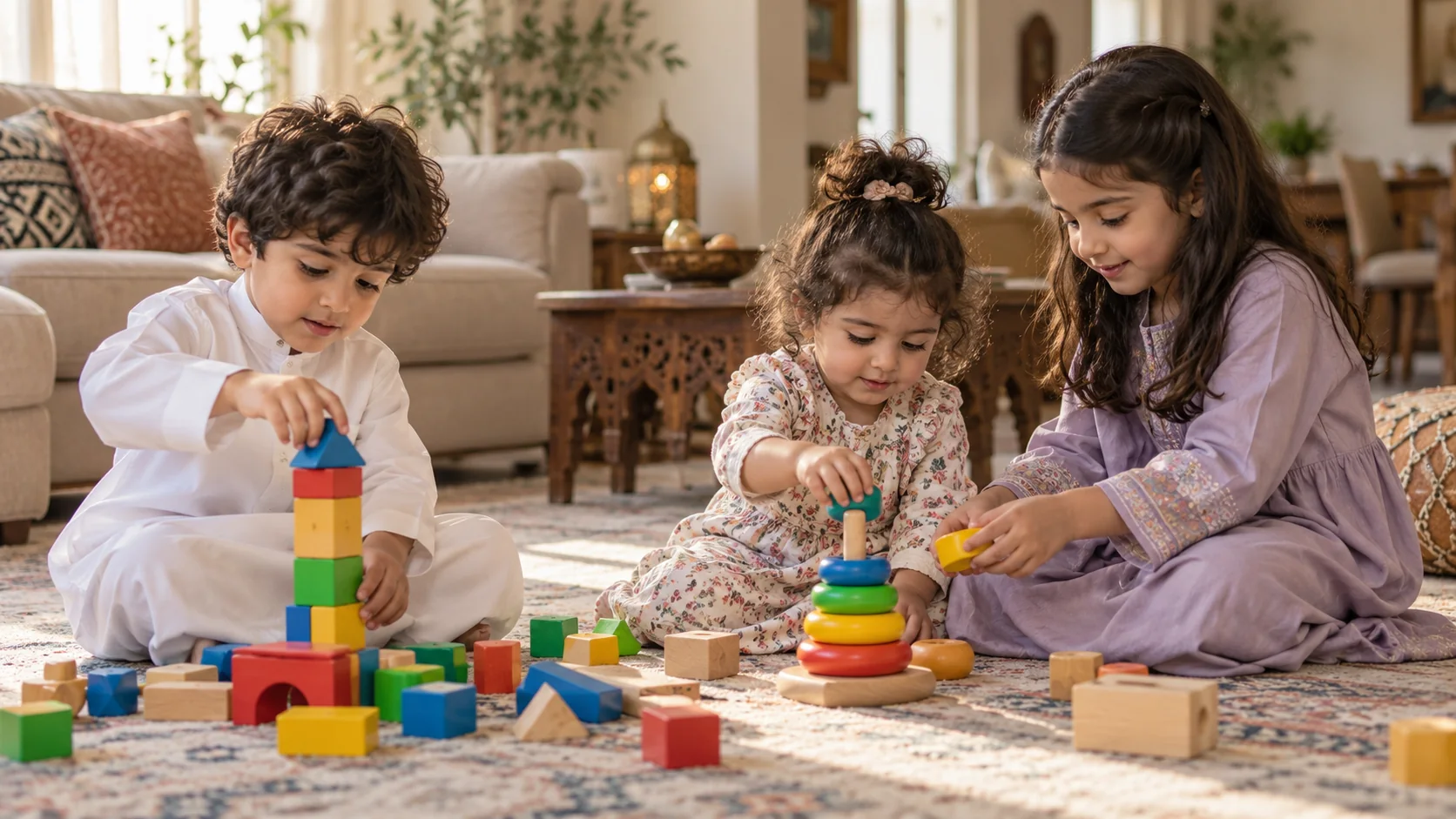 أطفال عرب صغار يلعبون لعبًا متوازيًا وتعاونيًا بحسب مراحلهم