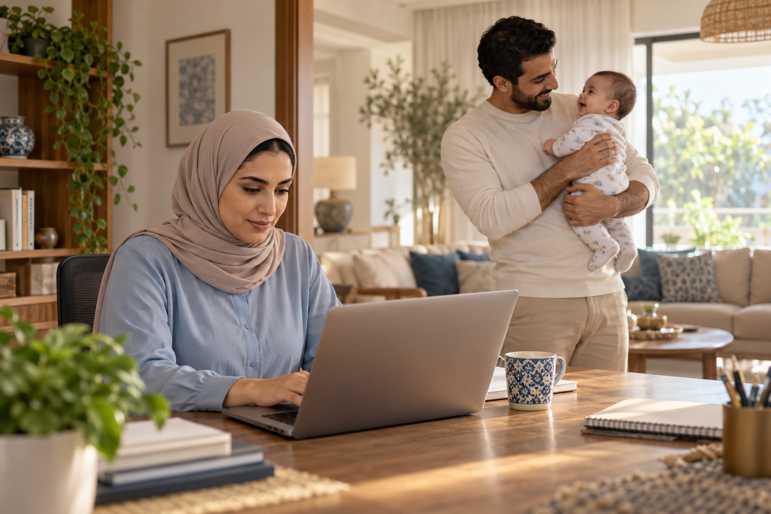 أم عربية تنجز عملها على الحاسوب بينما يعتني الأب برضيعهما في الغرفة نفسها