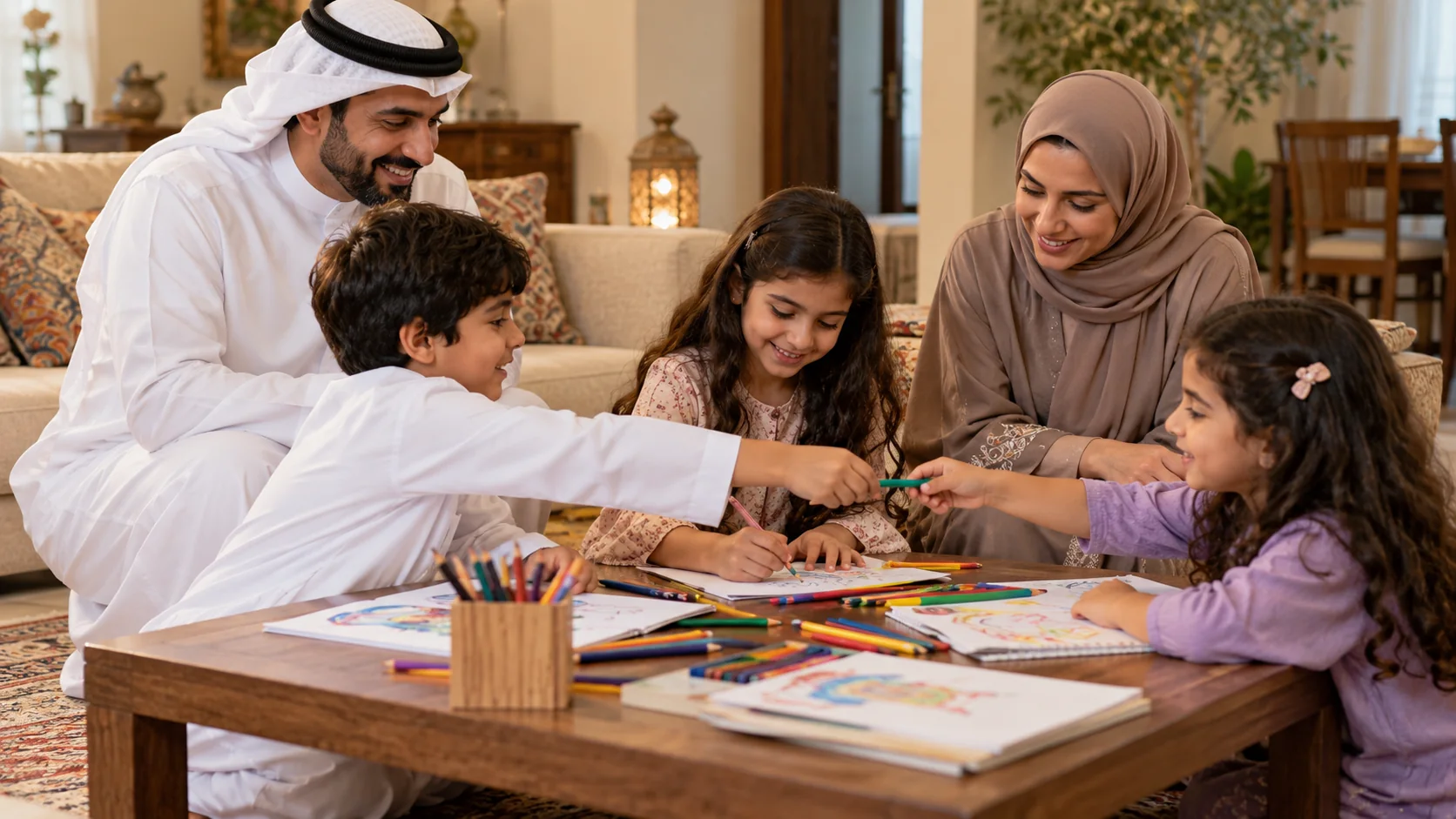 أطفال عرب يتشاركون أدوات الرسم في تجمع عائلي بمساندة الوالدين