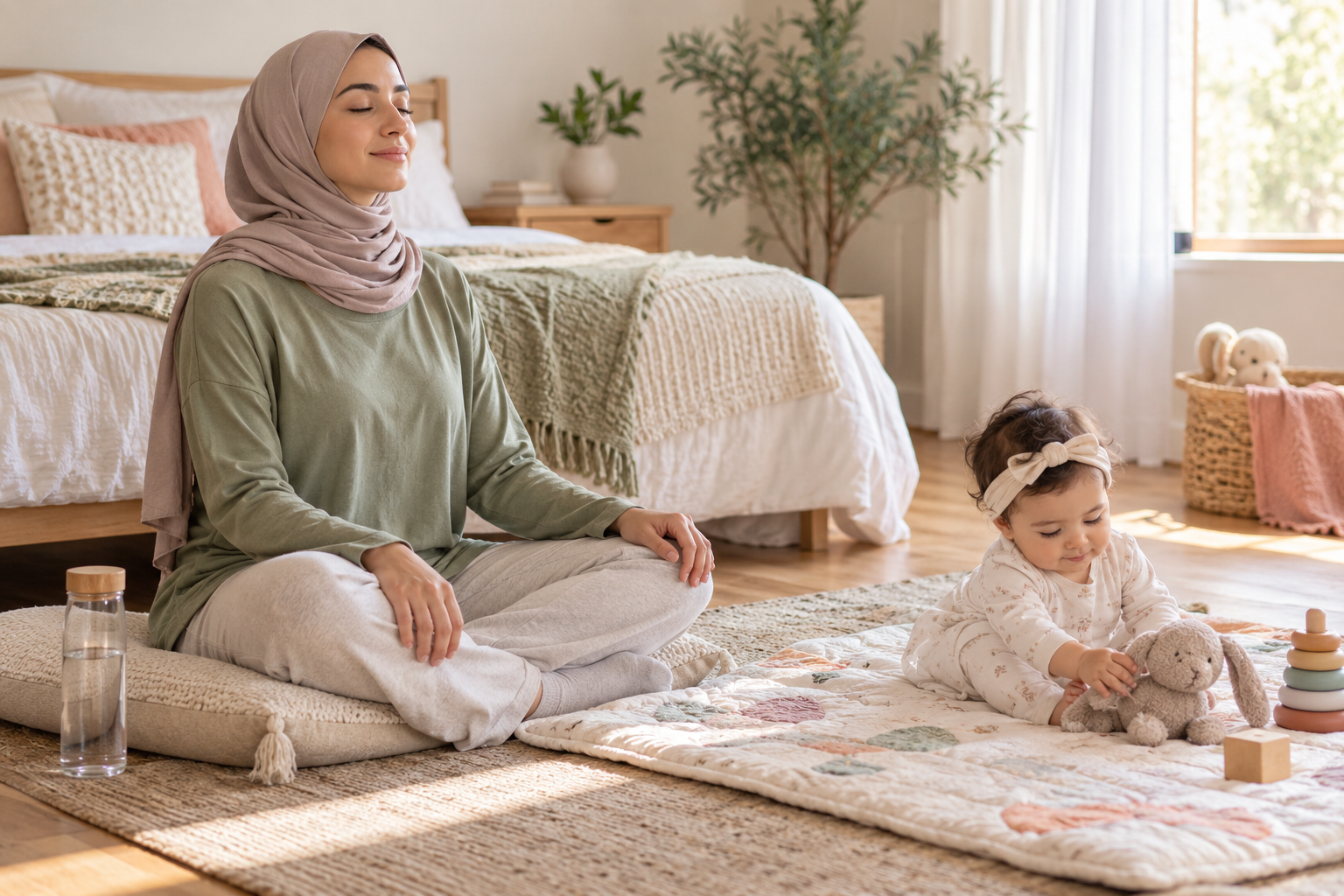 أم عربية تمارس تنفسًا هادئًا قرب رضيعها المستيقظ على بساط لعب آمن