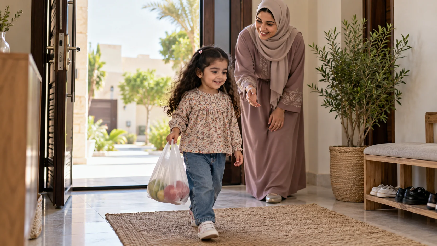 طفلة عربية تحمل كيسًا خفيفًا بنفسها عند مدخل المنزل