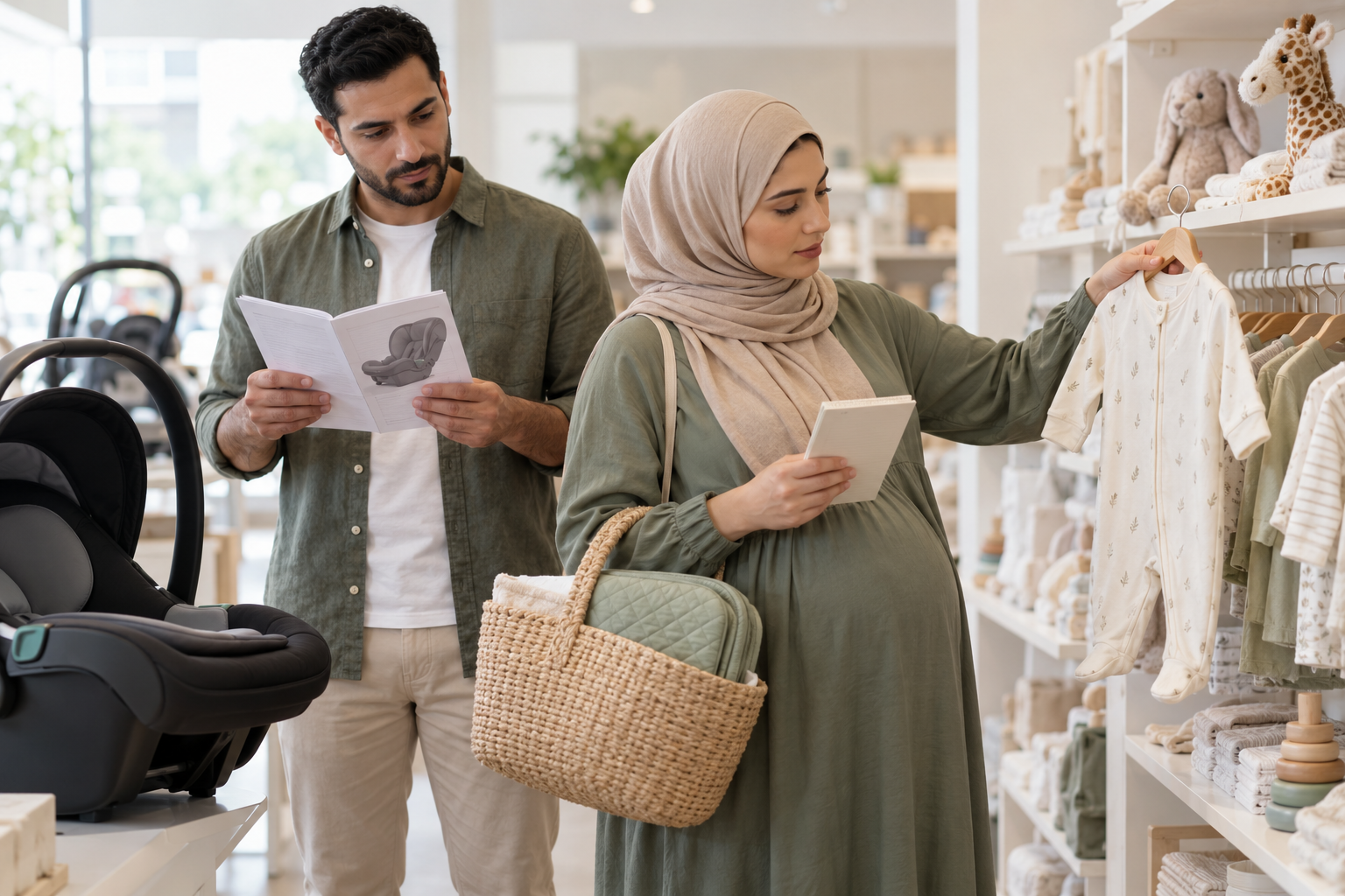 زوجان عربيان يقارنان ملابس مولود وكرسي سيارة أثناء شراء مستلزمات الرضيع بميزانية واعية