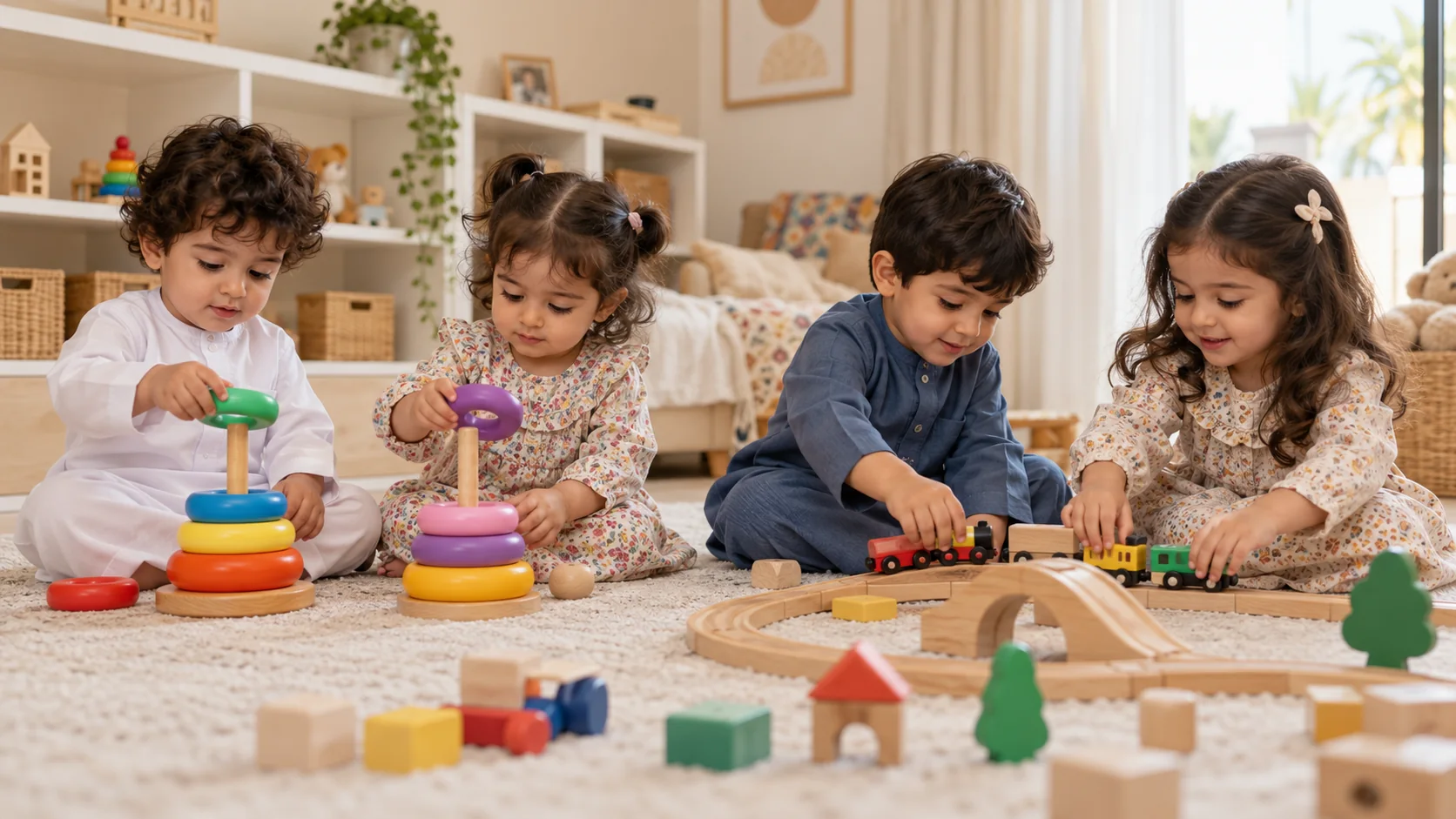 أطفال صغار يلعبون متجاورين وآخرون يتعاونون في تركيب مسار ألعاب