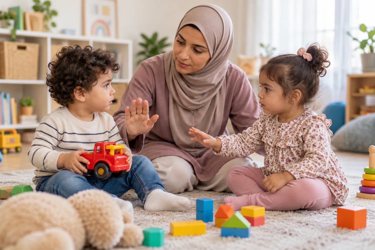 أم عربية تضع يدها بين طفلين أثناء خلاف على لعبة لمنع الاحتكاك بهدوء
