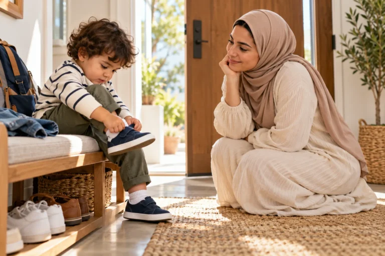 أم عربية تنتظر بهدوء طفلها ذي العامين وهو يحاول ارتداء حذائه بنفسه