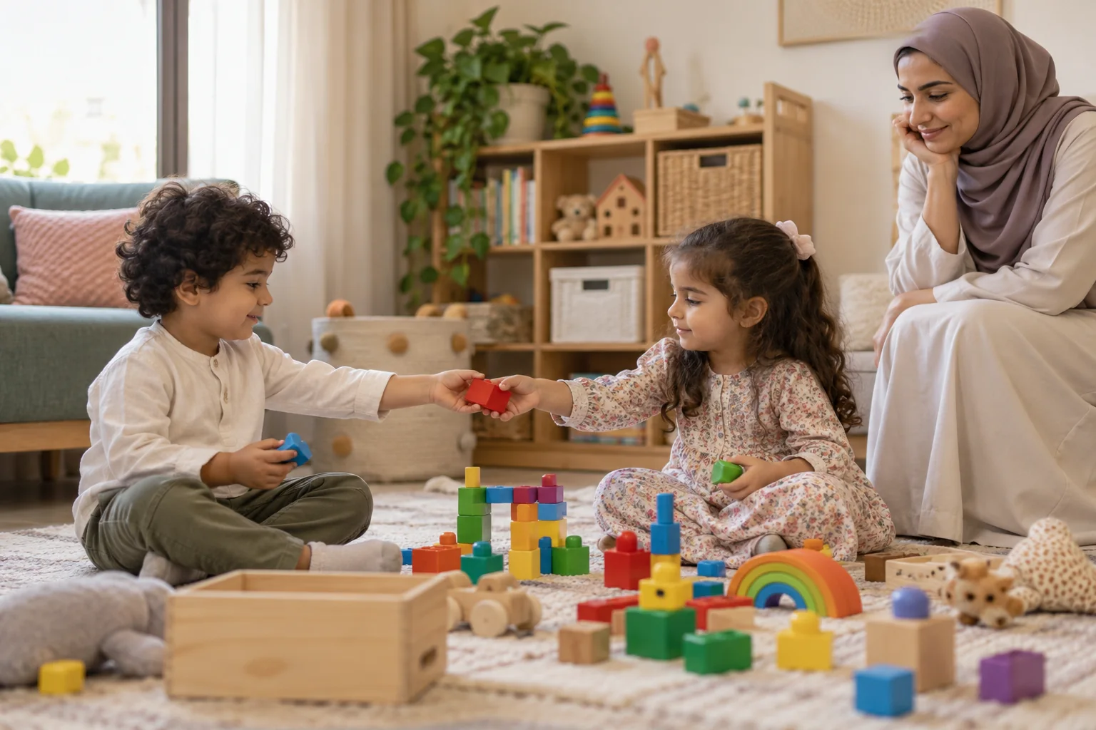 أم عربية تراقب من بعيد طفلين يبدآن تبادل قطع اللعب