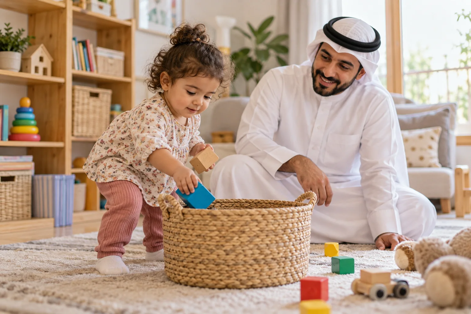 أب عربي يشجع طفلته على جمع ألعابها بنفسها في سلة منخفضة