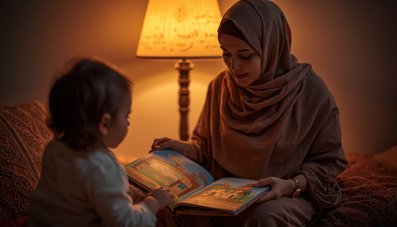 تكرار القصة للطفل - أم تقرأ كتابًا مصورًا أم تقرأ لطفلتها كتابًا مصورًا على جلسة أرضية لتكرار الكلمات
