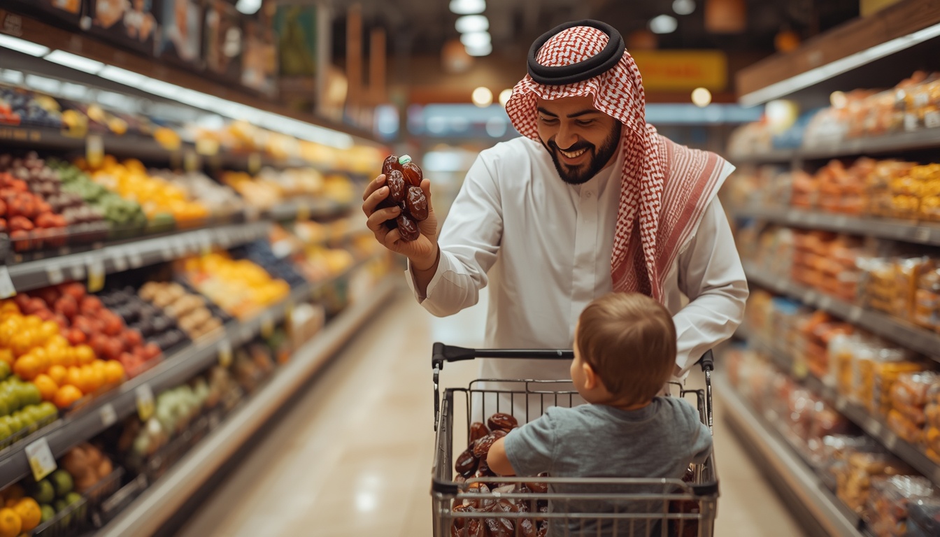 تسمية الأشياء للطفل - أب يسمّي التمر في السوق أب سعودي يسمّي التمر لطفله في السوق لتنمية مفردات الطفل