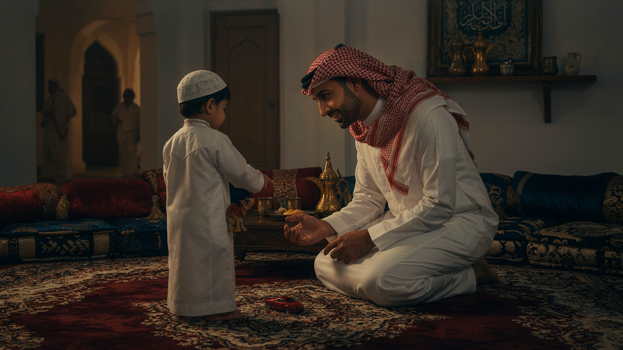الكلمات الأولى عند الطفل: أب بالثوب والشماغ يلعب مع طفله بسيارة صغيرة ويصغي لإشاراته