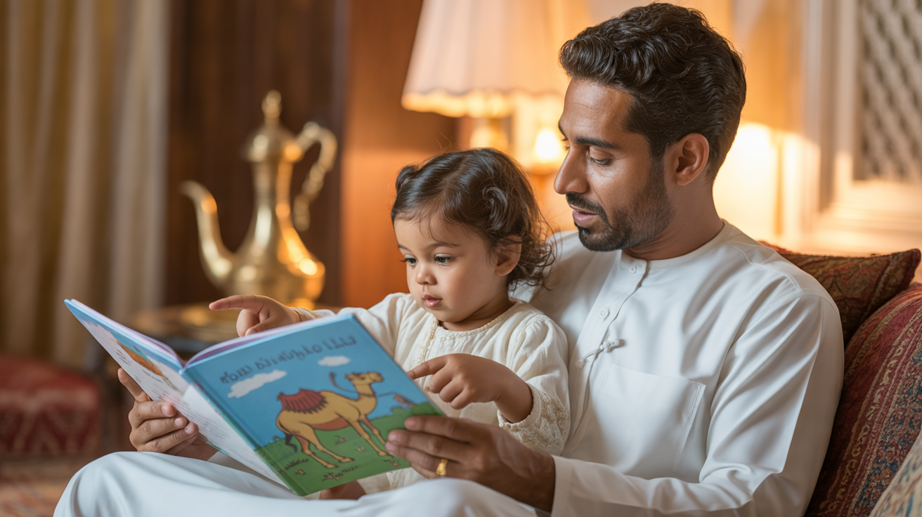 تطور الكلام عند طفل سنتين تطور الكلام عند طفل سنتين: أب سعودي يقرأ كتابًا مصوّرًا لابنته في المجلس