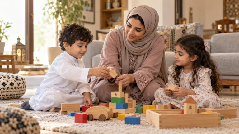 أم عربية تساعد طفلين صغيرين على تبادل الأدوار في اللعب