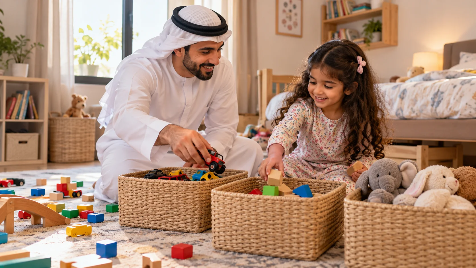 أب عربي وطفلته يجمعان الألعاب معًا في سلال منخفضة