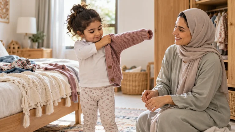 طفلة عربية تحاول ارتداء سترة بسيطة بينما تساندها أمها بصبر