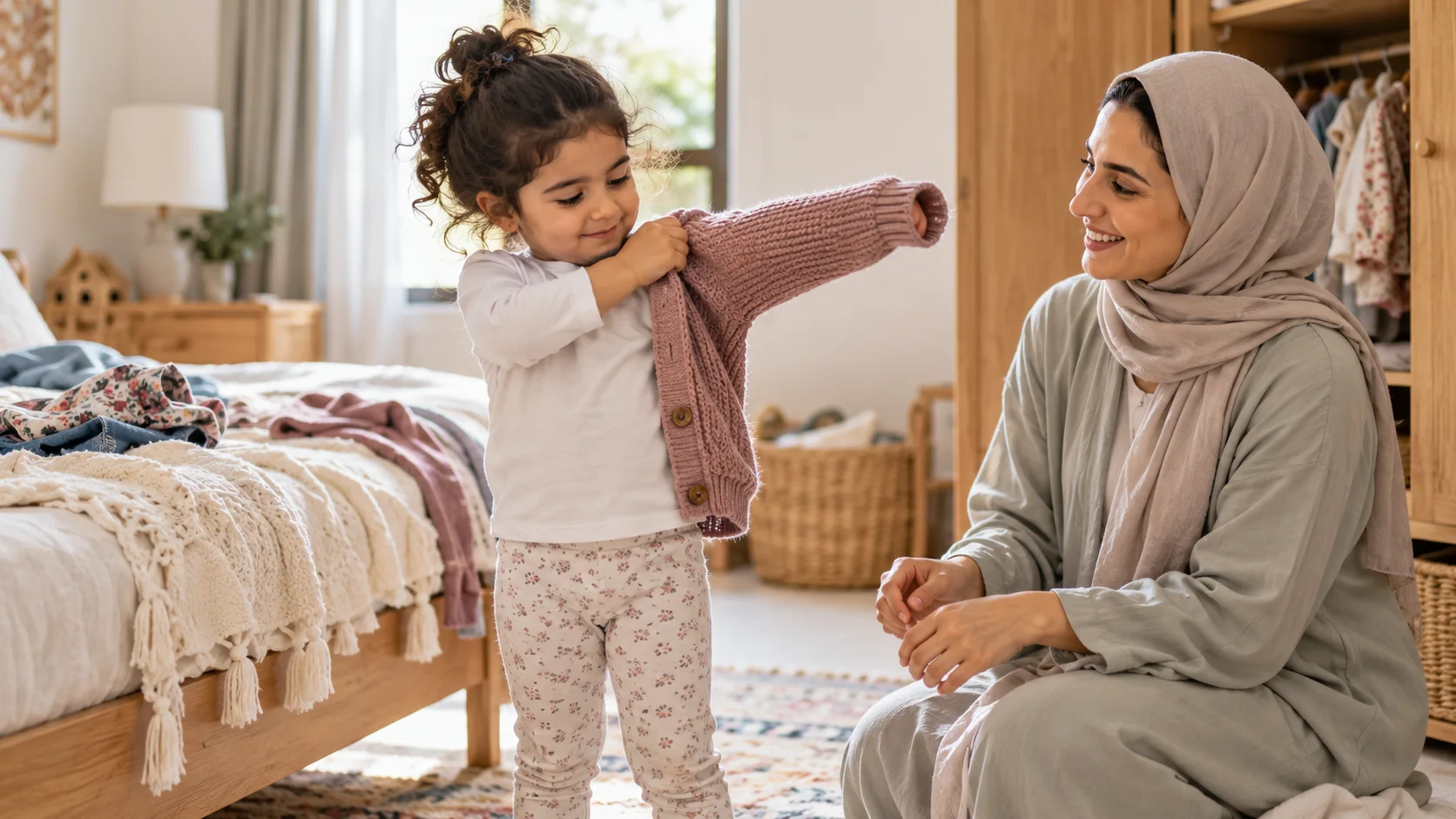 طفلة عربية تحاول ارتداء سترة بسيطة بينما تساندها أمها بصبر