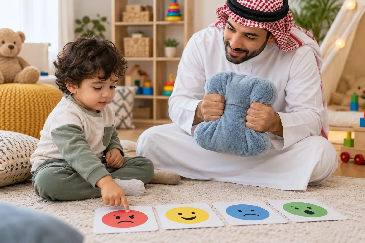 أب عربي يعلّم طفله اختيار بطاقة مشاعر واستخدام وسادة لينة