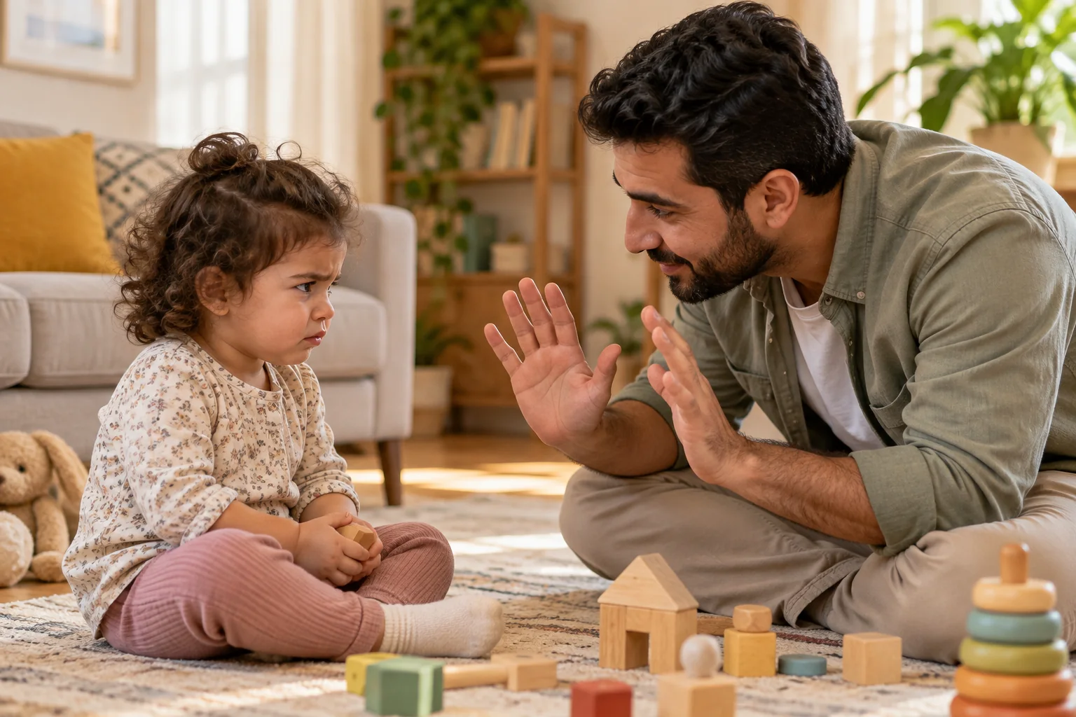 أب عربي يتواصل بهدوء مع طفلته المنزعجة ويعلّمها استخدام اليدين بلطف