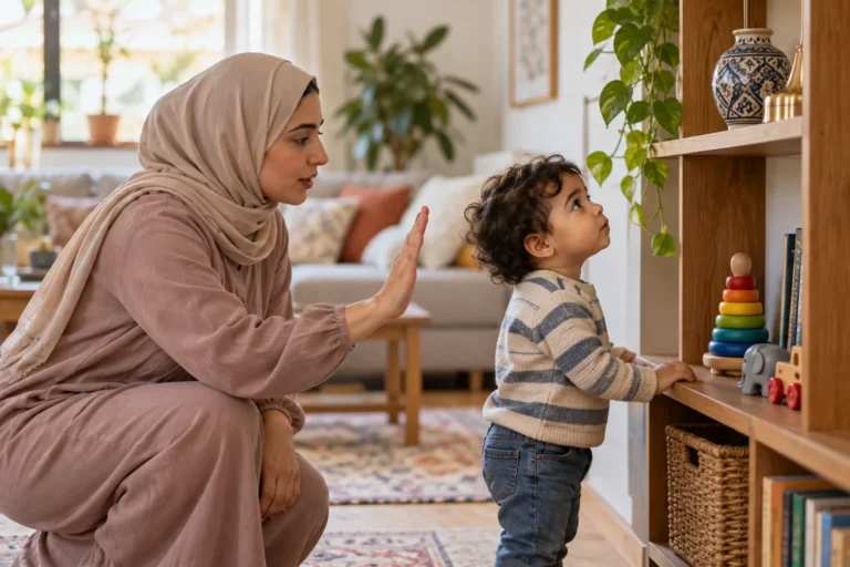 أم عربية تضع حدًا هادئًا لطفلها قرب رف في غرفة المعيشة