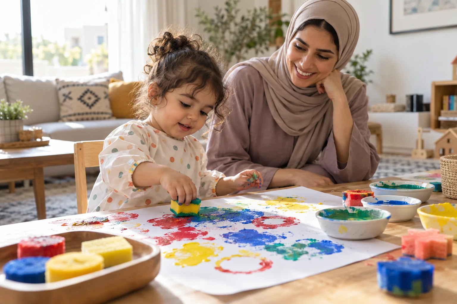 طفلة عربية تستكشف الألوان القابلة للغسل بالأصابع والإسفنج
