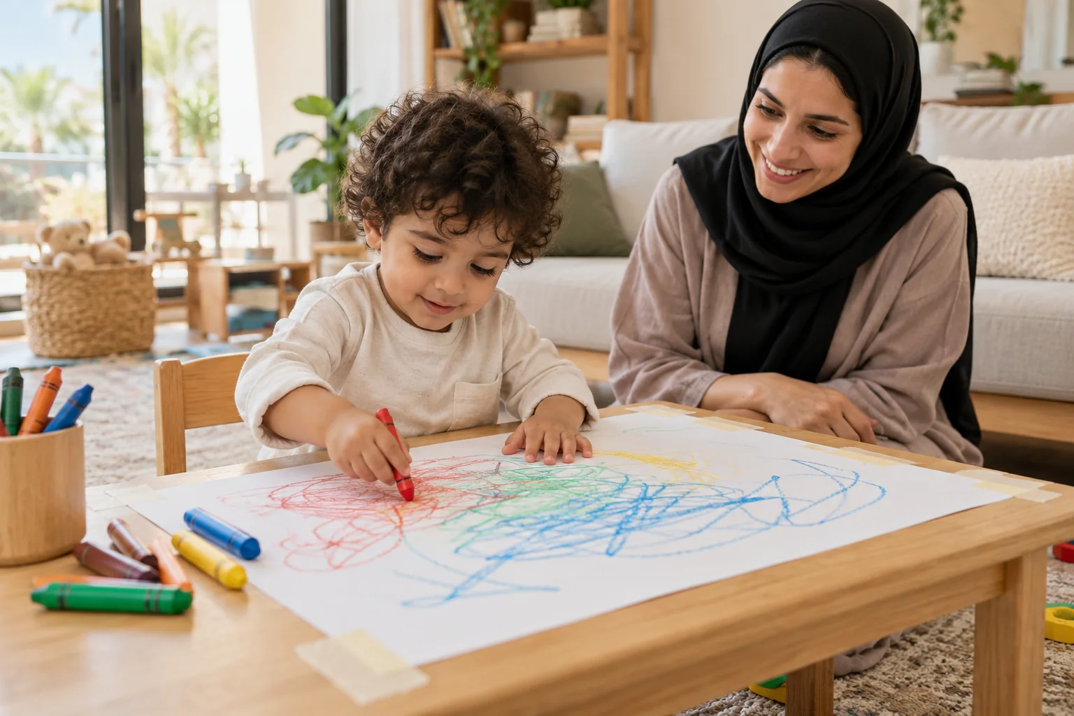 طفل عربي يرسم خطوطًا واسعة بقلم شمعي كبير على ورقة مثبتة